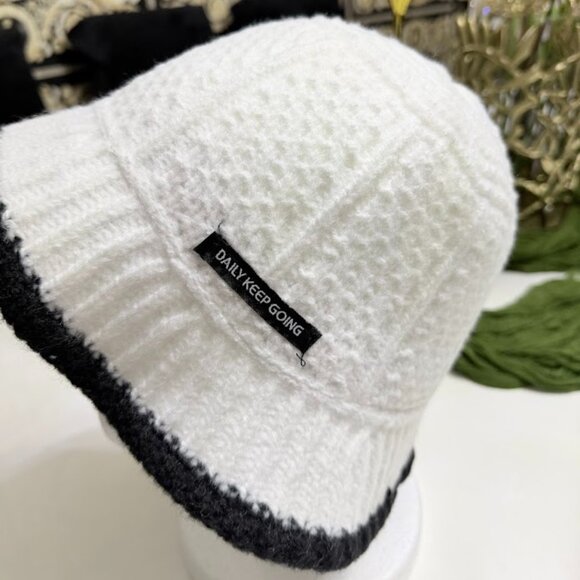 White Knit Cloche Bucket Hat With Black Trim – Winter Hat - Picture 7 of 8